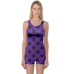 Polka Dots Black On Imperial Purple One Piece Boyleg Swimsuit by FashionBoulevard