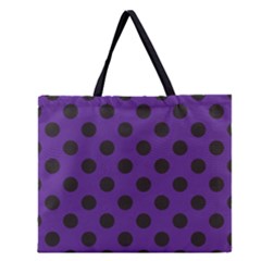 Polka Dots Black On Imperial Purple Zipper Large Tote Bag by FashionBoulevard