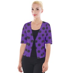 Polka Dots Black On Imperial Purple Cropped Button Cardigan by FashionBoulevard