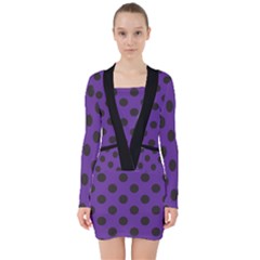 Polka Dots Black On Imperial Purple V-neck Bodycon Long Sleeve Dress by FashionBoulevard