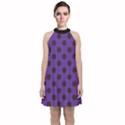 Polka Dots Black On Imperial Purple Velvet Halter Neckline Dress  View1