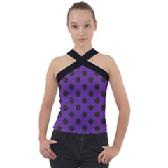 Polka Dots Black On Imperial Purple Cross Neck Velour Top by FashionBoulevard