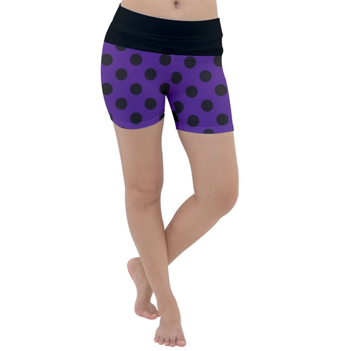 Polka Dots Black On Imperial Purple Lightweight Velour Yoga Shorts