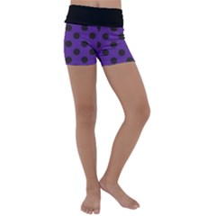 Polka Dots Black On Imperial Purple Kids  Lightweight Velour Yoga Shorts by FashionBoulevard