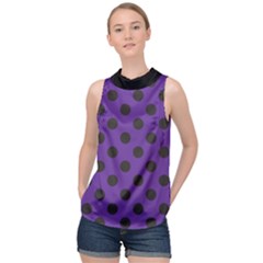 Polka Dots Black On Imperial Purple High Neck Satin Top by FashionBoulevard