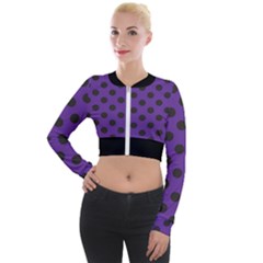 Polka Dots Black On Imperial Purple Long Sleeve Cropped Velvet Jacket by FashionBoulevard