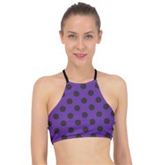 Polka Dots Black On Imperial Purple Racer Front Bikini Top by FashionBoulevard