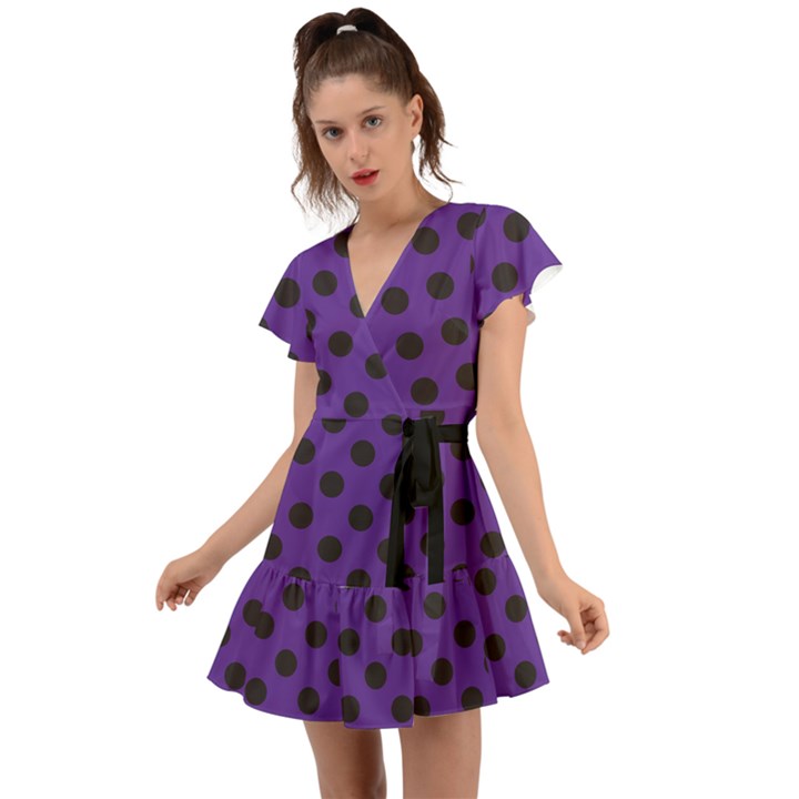 Polka Dots Black On Imperial Purple Flutter Sleeve Wrap Dress