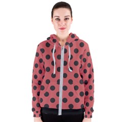 Polka Dots Black On Indian Red Women s Zipper Hoodie by FashionBoulevard