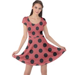 Polka Dots Black On Indian Red Cap Sleeve Dress by FashionBoulevard