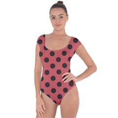 Polka Dots Black On Indian Red Short Sleeve Leotard  by FashionBoulevard