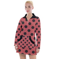 Polka Dots Black On Indian Red Women s Long Sleeve Casual Dress by FashionBoulevard