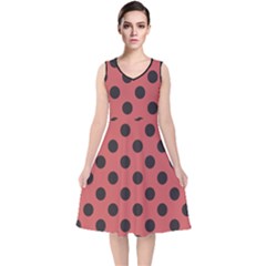 Polka Dots Black On Indian Red V-neck Midi Sleeveless Dress  by FashionBoulevard