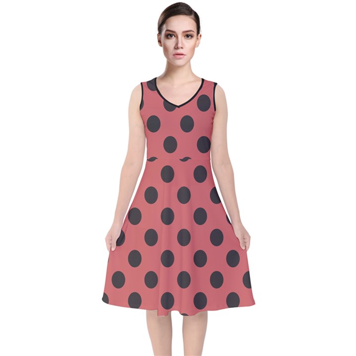 Polka Dots Black On Indian Red V-Neck Midi Sleeveless Dress 