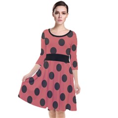 Polka Dots Black On Indian Red Quarter Sleeve Waist Band Dress by FashionBoulevard