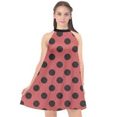 Polka Dots Black On Indian Red Halter Neckline Chiffon Dress  by FashionBoulevard