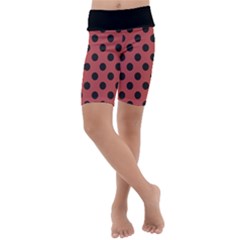 Polka Dots Black On Indian Red Kids  Lightweight Velour Cropped Yoga Leggings by FashionBoulevard