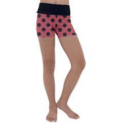 Polka Dots Black On Indian Red Kids  Lightweight Velour Yoga Shorts by FashionBoulevard