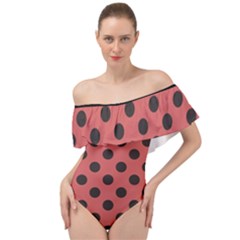 Polka Dots Black On Indian Red Off Shoulder Velour Bodysuit  by FashionBoulevard