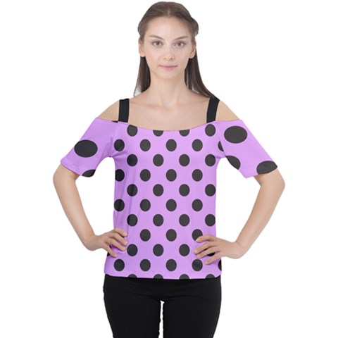 Polka Dots Black On Lavender Purple Cutout Shoulder Tee by FashionBoulevard