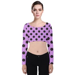 Polka Dots Black On Lavender Purple Velvet Long Sleeve Crop Top by FashionBoulevard