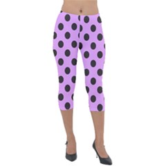 Polka Dots Black On Lavender Purple Lightweight Velour Capri Leggings  by FashionBoulevard