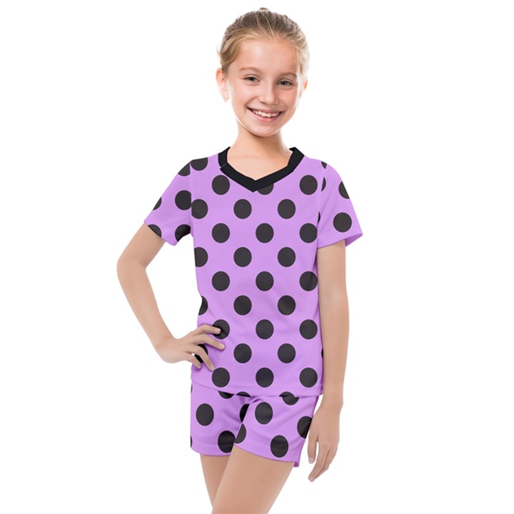 Polka Dots Black On Lavender Purple Kids  Mesh Tee and Shorts Set