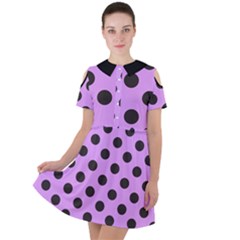 Polka Dots Black On Lavender Purple Short Sleeve Shoulder Cut Out Dress  by FashionBoulevard