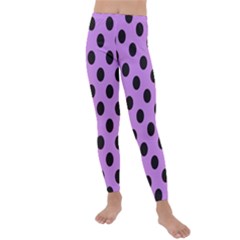 Polka Dots Black On Lavender Purple Kids  Lightweight Velour Leggings by FashionBoulevard