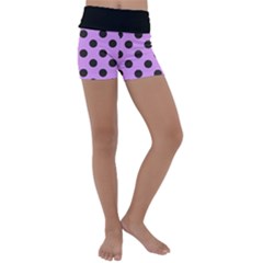 Polka Dots Black On Lavender Purple Kids  Lightweight Velour Yoga Shorts by FashionBoulevard