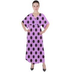 Polka Dots Black On Lavender Purple V-neck Boho Style Maxi Dress by FashionBoulevard