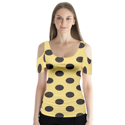 Polka Dots Black On Mellow Yellow Butterfly Sleeve Cutout Tee  by FashionBoulevard