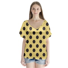 Polka Dots Black On Mellow Yellow V-neck Flutter Sleeve Top by FashionBoulevard