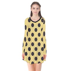 Polka Dots Black On Mellow Yellow Long Sleeve V-neck Flare Dress by FashionBoulevard