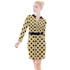 Polka Dots Black On Mellow Yellow Button Long Sleeve Dress by FashionBoulevard