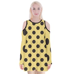 Polka Dots Black On Mellow Yellow Velvet Long Sleeve Shoulder Cutout Dress by FashionBoulevard