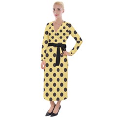 Polka Dots Black On Mellow Yellow Velvet Maxi Wrap Dress by FashionBoulevard