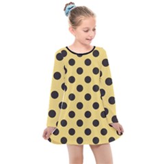 Polka Dots Black On Mellow Yellow Kids  Long Sleeve Dress by FashionBoulevard