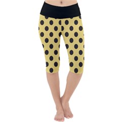 Polka Dots Black On Mellow Yellow Lightweight Velour Cropped Yoga Leggings by FashionBoulevard