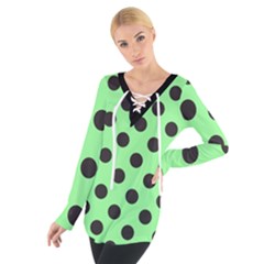 Polka Dots Black On Mint Green Tie Up Tee by FashionBoulevard