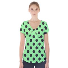 Polka Dots Black On Mint Green Short Sleeve Front Detail Top by FashionBoulevard