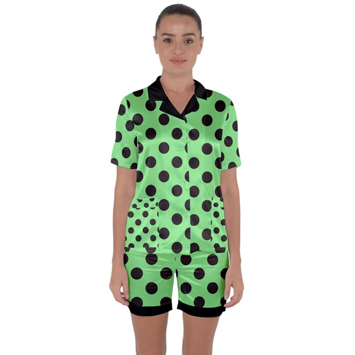 Polka Dots Black On Mint Green Satin Short Sleeve Pyjamas Set