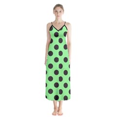 Polka Dots Black On Mint Green Button Up Chiffon Maxi Dress by FashionBoulevard