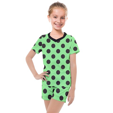 Polka Dots Black On Mint Green Kids  Mesh Tee And Shorts Set by FashionBoulevard