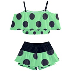 Polka Dots Black On Mint Green Kids  Off Shoulder Skirt Bikini by FashionBoulevard