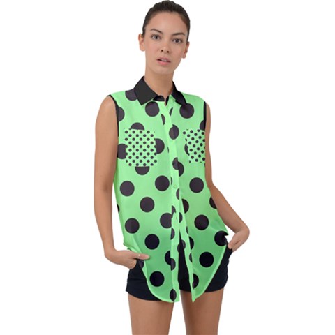 Polka Dots Black On Mint Green Sleeveless Chiffon Button Shirt by FashionBoulevard