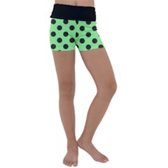 Polka Dots Black On Mint Green Kids  Lightweight Velour Yoga Shorts by FashionBoulevard