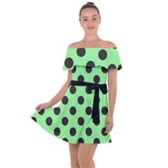 Polka Dots Black On Mint Green Off Shoulder Velour Dress by FashionBoulevard