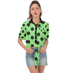 Polka Dots Black On Mint Green Tie Front Shirt  by FashionBoulevard