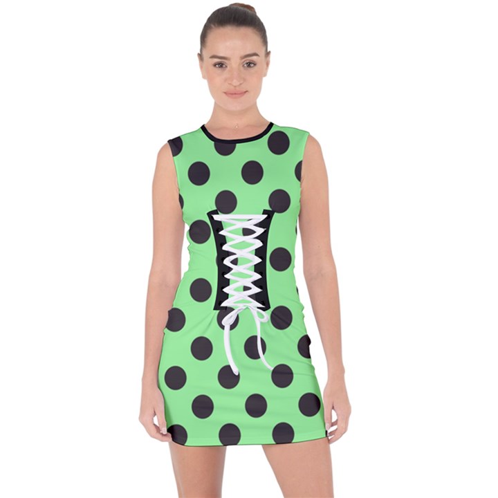 Polka Dots Black On Mint Green Lace Up Front Bodycon Dress